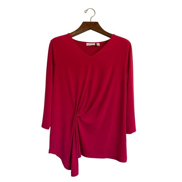 Susan Graver Liquid Knit VNeck Top W/ Draped Detail Hibiscus Large Tunic Blouse - Picture 2 of 10
